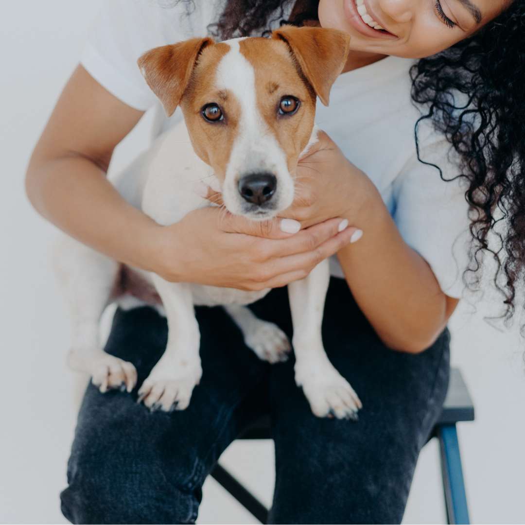 a person with curly hair sitting on a chair holding a dog