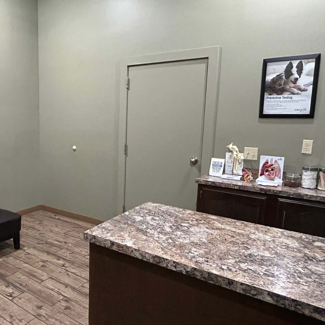 a room with a desk and chairs in it