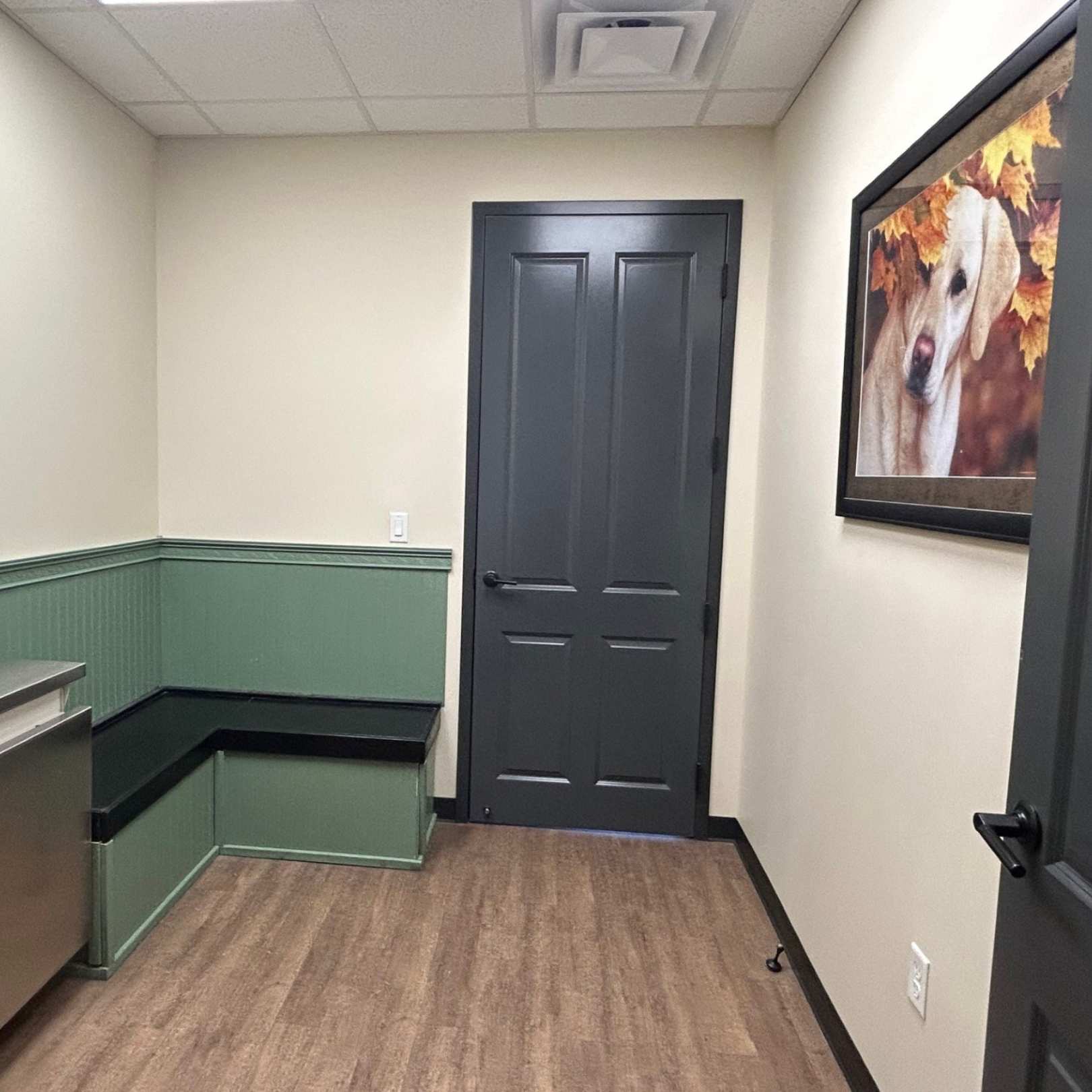 a small dog kennel with a bench in the middle of the room